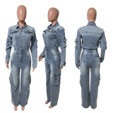 Washed Distressed Denim Jumpsuit Multi-pocket Wide-leg Pants