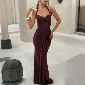 Gathered Ribbon Halterneck Sexy Hip-hugging Dress