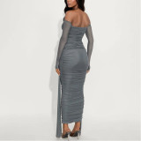 Solid Color Bateau Collar Long-sleeved Ribbon Mesh Ruffled Slim Fit Dress