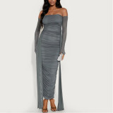 Solid Color Bateau Collar Long-sleeved Ribbon Mesh Ruffled Slim Fit Dress