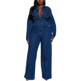 Stretch Flared Washed Long Sleeve Denim Jumpsuit