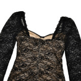 V-neck Long-sleeved Lace Tight Backpack Hip Skirt