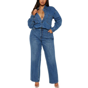 Slim Fit Stretch Loose Washed Long Sleeve Denim Jumpsuit
