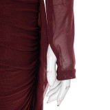 Solid Color Bateau Collar Long-sleeved Ribbon Mesh Ruffled Slim Fit Dress