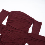 Solid Color Bateau Collar Long-sleeved Ribbon Mesh Ruffled Slim Fit Dress