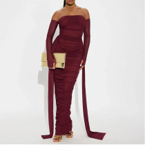 Solid Color Bateau Collar Long-sleeved Ribbon Mesh Ruffled Slim Fit Dress