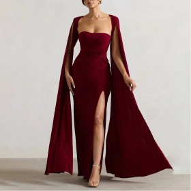 Square Neck Floor Length Long Sleeve High Slit Solid Color Sexy Dress