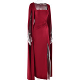 Square Neck Floor Length Long Sleeve High Slit Solid Color Sexy Dress