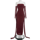 Solid Color Bateau Collar Long-sleeved Ribbon Mesh Ruffled Slim Fit Dress
