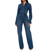 Slim-fit Stretch Flared Washed Long-sleeve Denim Jumpsuit