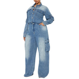 Washed Distressed Denim Jumpsuit Multi-pocket Wide-leg Pants