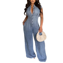 Tight-waisted Slim-fit Stretch Washed Denim Straight-leg Loose Jumpsuit