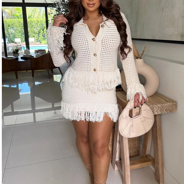 Lapel Fringed Sweater Jacket Half Hip Skirt Fashion Suit