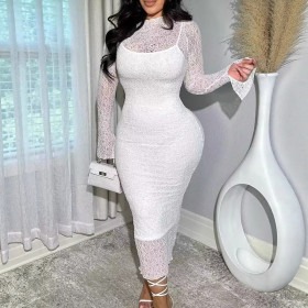 Lace Sleeve See-through Blouse Long Strap Sexy Dress