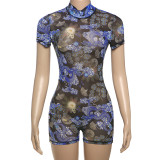 Tight Backless Half Turtleneck Printed Hip Shorts Jumpsuit