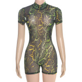 Tight Backless Half Turtleneck Printed Hip Shorts Jumpsuit