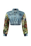 Printed Colorblock Denim Jacket and Jeans Two-piece Set