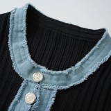 Denim Fringe Spliced ​​round Neck Metal Buckle Knitted Dress with Elastic Tight Fit and Hip-hugging
