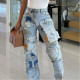 Loose straight fit washed washed street denim trousers with multiple pockets and patches