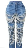 Ripped Jeans Women's Chain Bead Hanging Accessories Straight Pants