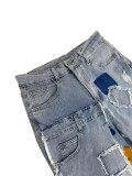 Loose straight fit washed washed street denim trousers with multiple pockets and patches