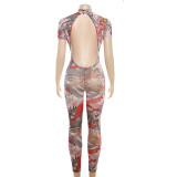 Backless Fashion Printed See-through Mesh Jumpsuit
