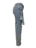 Loose straight fit washed washed street denim trousers with multiple pockets and patches