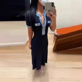 Denim Fringe Spliced ​​round Neck Metal Buckle Knitted Dress with Elastic Tight Fit and Hip-hugging