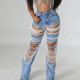Ripped Jeans Women's Chain Bead Hanging Accessories Straight Pants