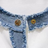 Denim Fringe Spliced ​​round Neck Metal Buckle Knitted Dress with Elastic Tight Fit and Hip-hugging