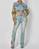 Printed Colorblock Denim Jacket and Jeans Two-piece Set