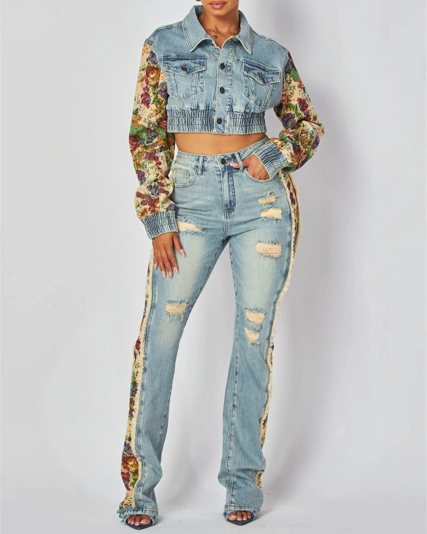 Printed Colorblock Denim Jacket and Jeans Two-piece Set