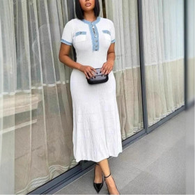 Denim Fringe Spliced ​​round Neck Metal Buckle Knitted Dress with Elastic Tight Fit and Hip-hugging