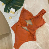 One-shoulder Twisted Swimsuit One-piece Underwire Push-up Hollow Metal Buckle Solid Color Swimsuit