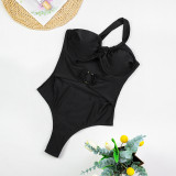 One-shoulder Twisted Swimsuit One-piece Underwire Push-up Hollow Metal Buckle Solid Color Swimsuit