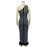 One-shoulder Mesh Rhinestone Feather Bandage Dress
