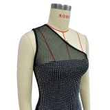 One-shoulder Mesh Rhinestone Feather Bandage Dress