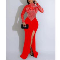 Solid Color Mesh Rhinestone Slit Long Skirt Dress