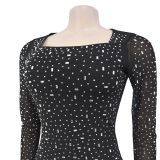Hot Rhinestone Long-sleeved Bateau Neck Dress