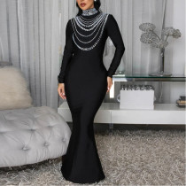 Hot Rhinestone Fashionable Slim-fitting High-neck Hip-hugging Long Skirt Dress