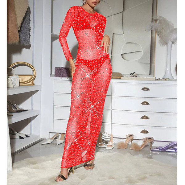 Solid Color Mesh Long-sleeved Long Skirt Dress