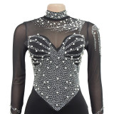 Solid Color Mesh Rhinestone Slit Long Skirt Dress