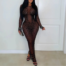 See-through Mesh Hip-hugging Dress with Rhinestones