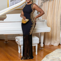 Hot Diamond Round Neck Sleeveless Fringed Long Skirt