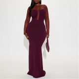 Spliced ​​see-through Polyester Mesh Long Dress with Rhinestones