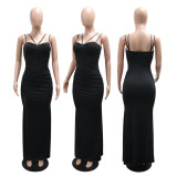 Slim Fit Fishtail Black Dress with Suspenders