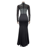 Solid Color Mesh Rhinestone Slit Long Skirt Dress