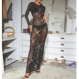 Solid Color Mesh Long-sleeved Long Skirt Dress