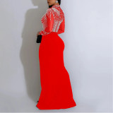 Solid Color Mesh Rhinestone Slit Long Skirt Dress