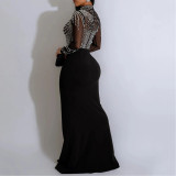 Solid Color Mesh Rhinestone Slit Long Skirt Dress